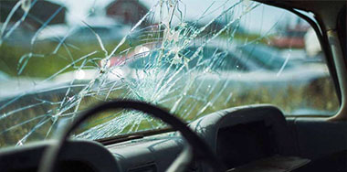 front windshield completely shattered by accident in need of a replacement job by Hamilton Auto Glass